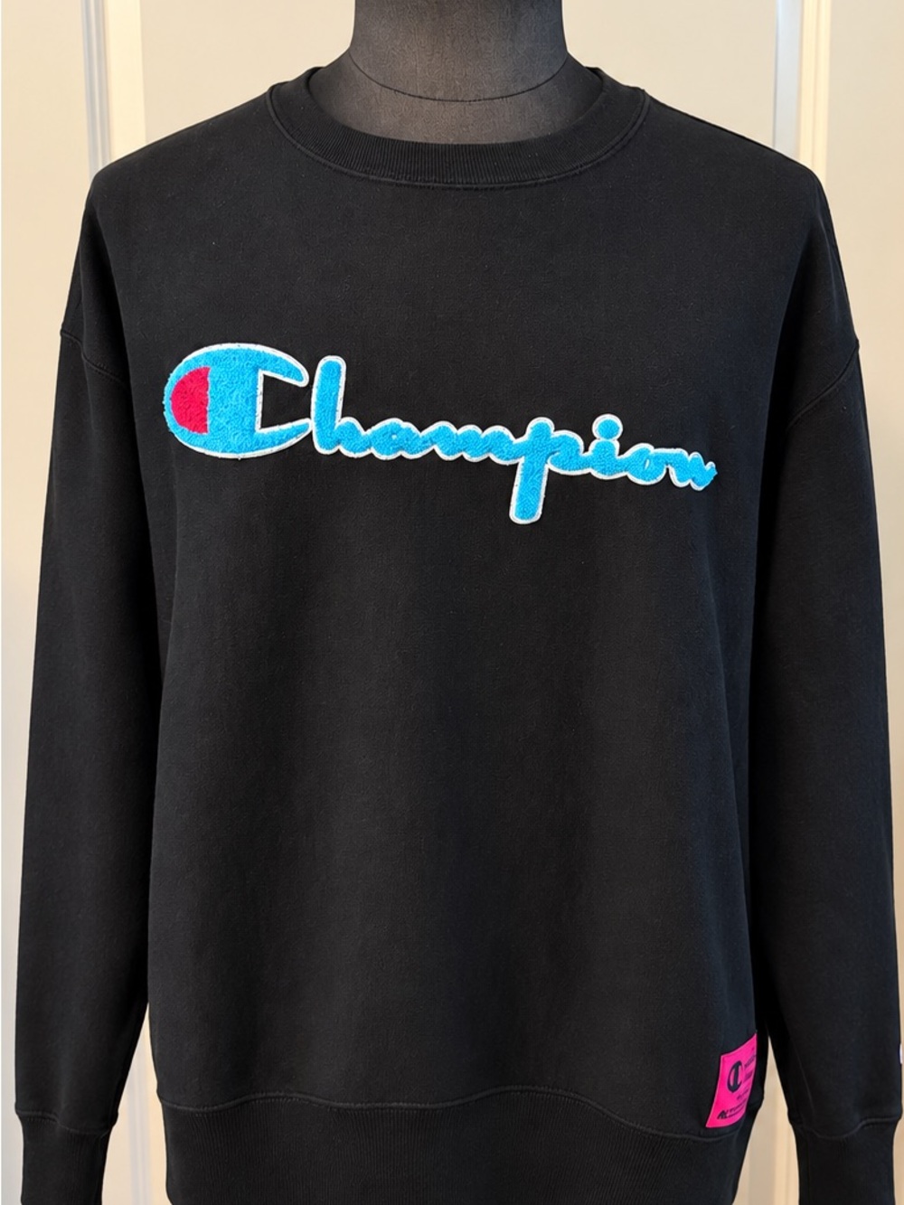 Champion Black Crewneck with Aqua Script Logo